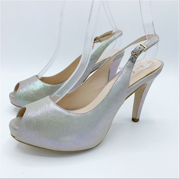 Lulu Townsend Tara Iridescent Silver Sling Back Peep Toe Platform Evening Heels - Picture 1 of 15